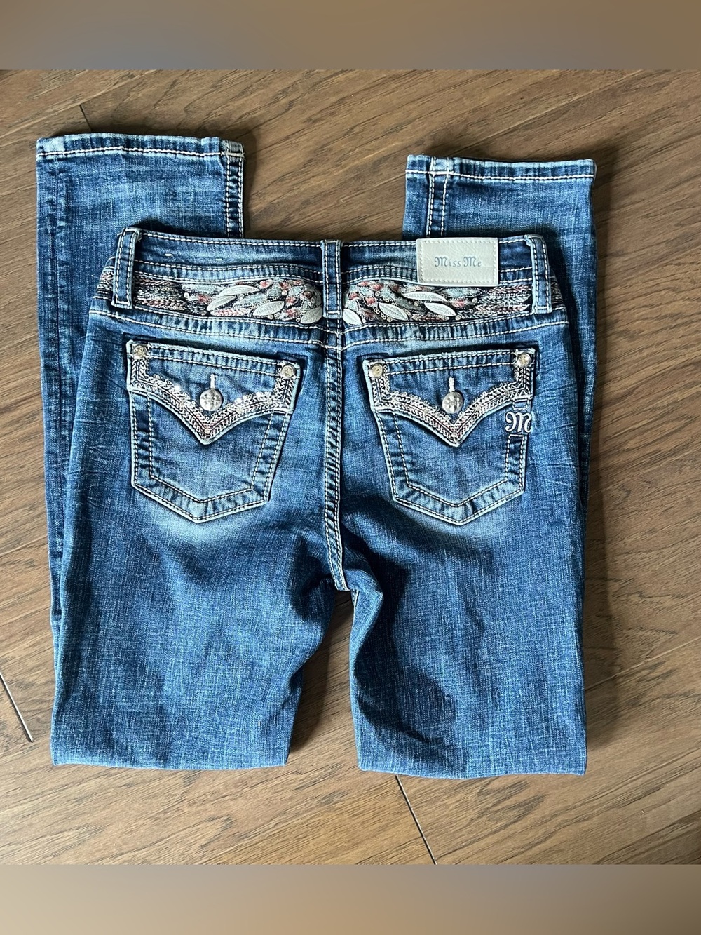 Miss Me mid rise straight blue jeans with studded rhinestone women’s  28 x 30